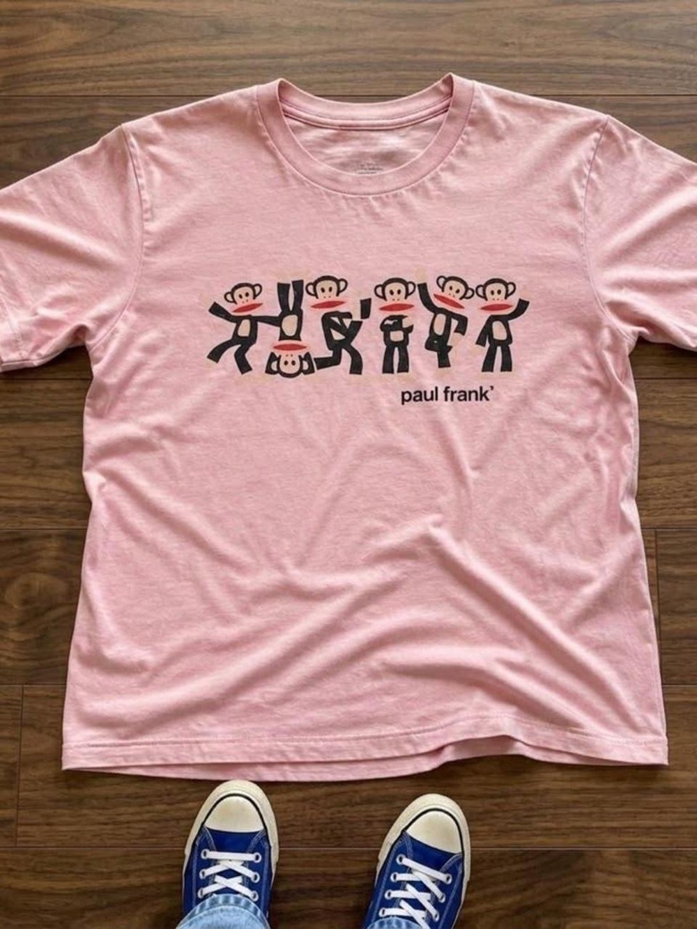 Gildan Pink Short Sleeve Tee with Playful Monkey Row Graphic